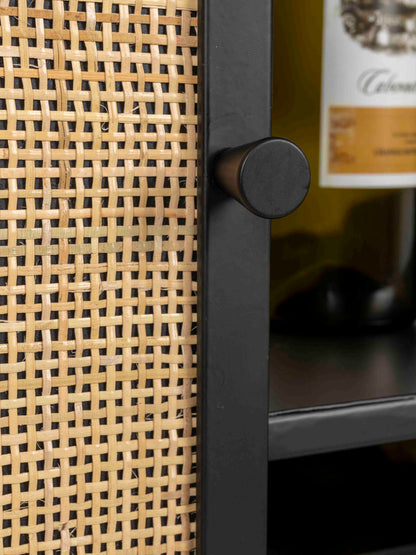 Armie High Wine Cabinet in Black And Rattan