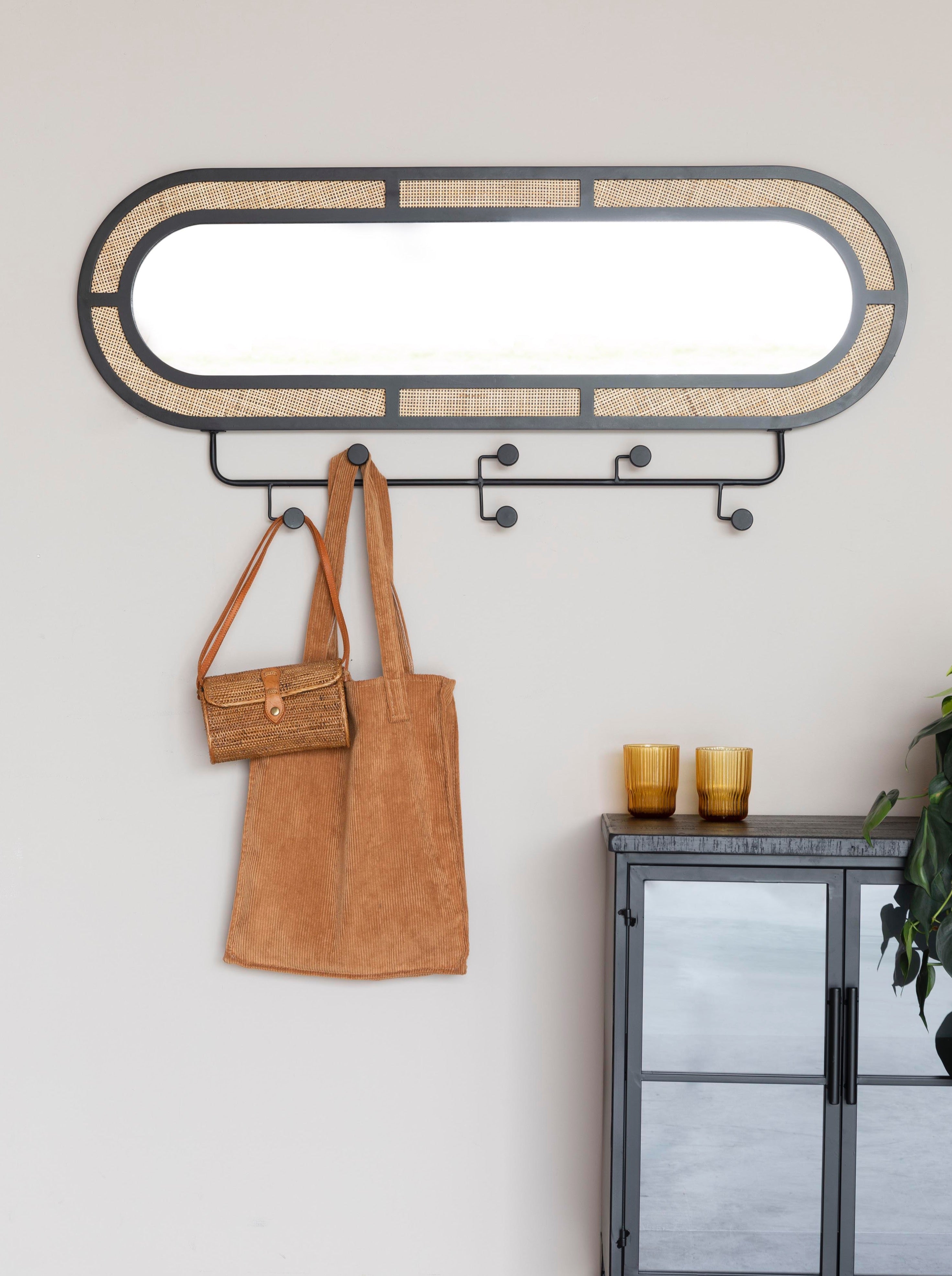 Aida Black Rattan Mirror Coat Rack with Hooks