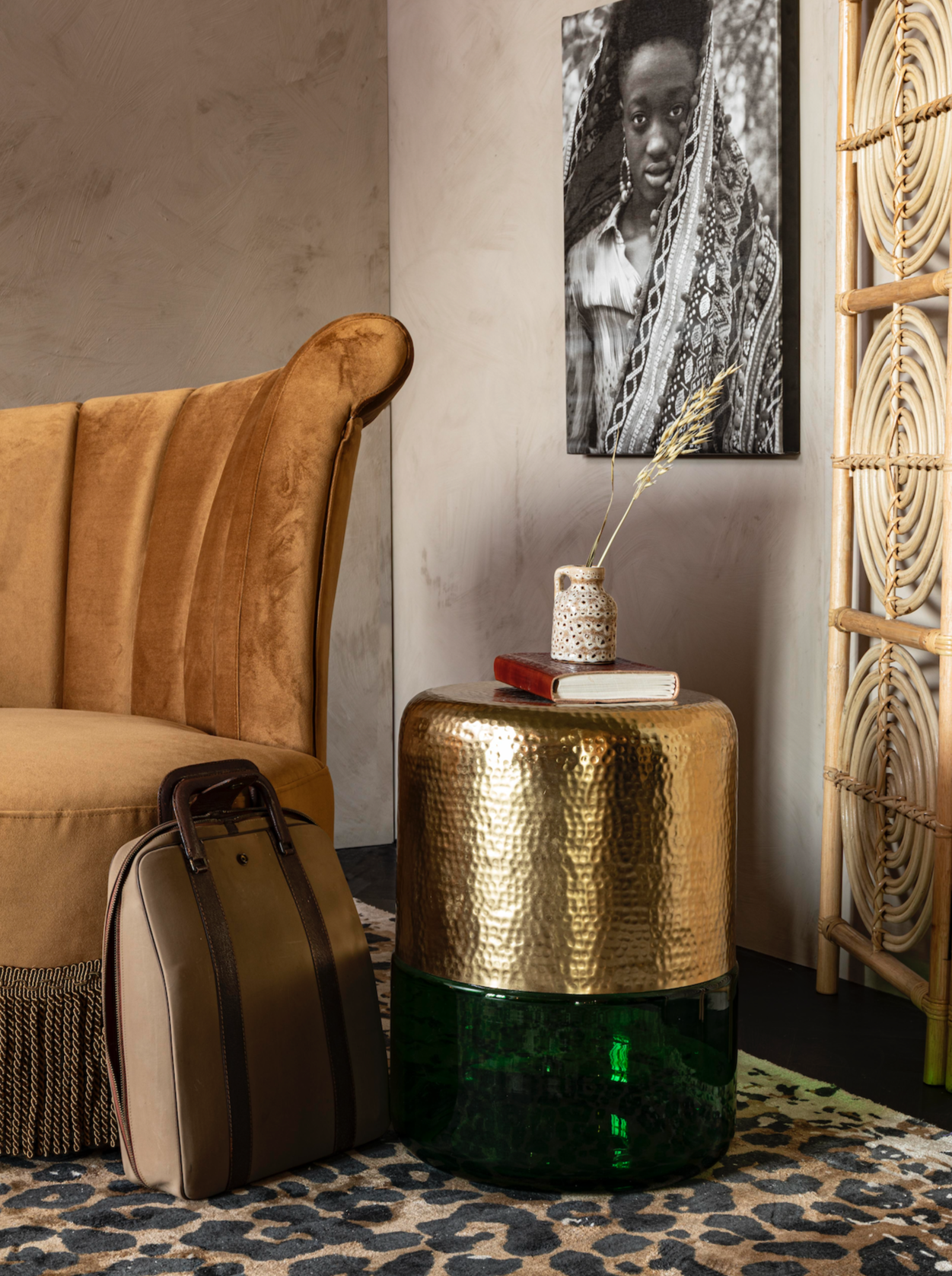 Cave Brass &amp; Green Glass Side Table