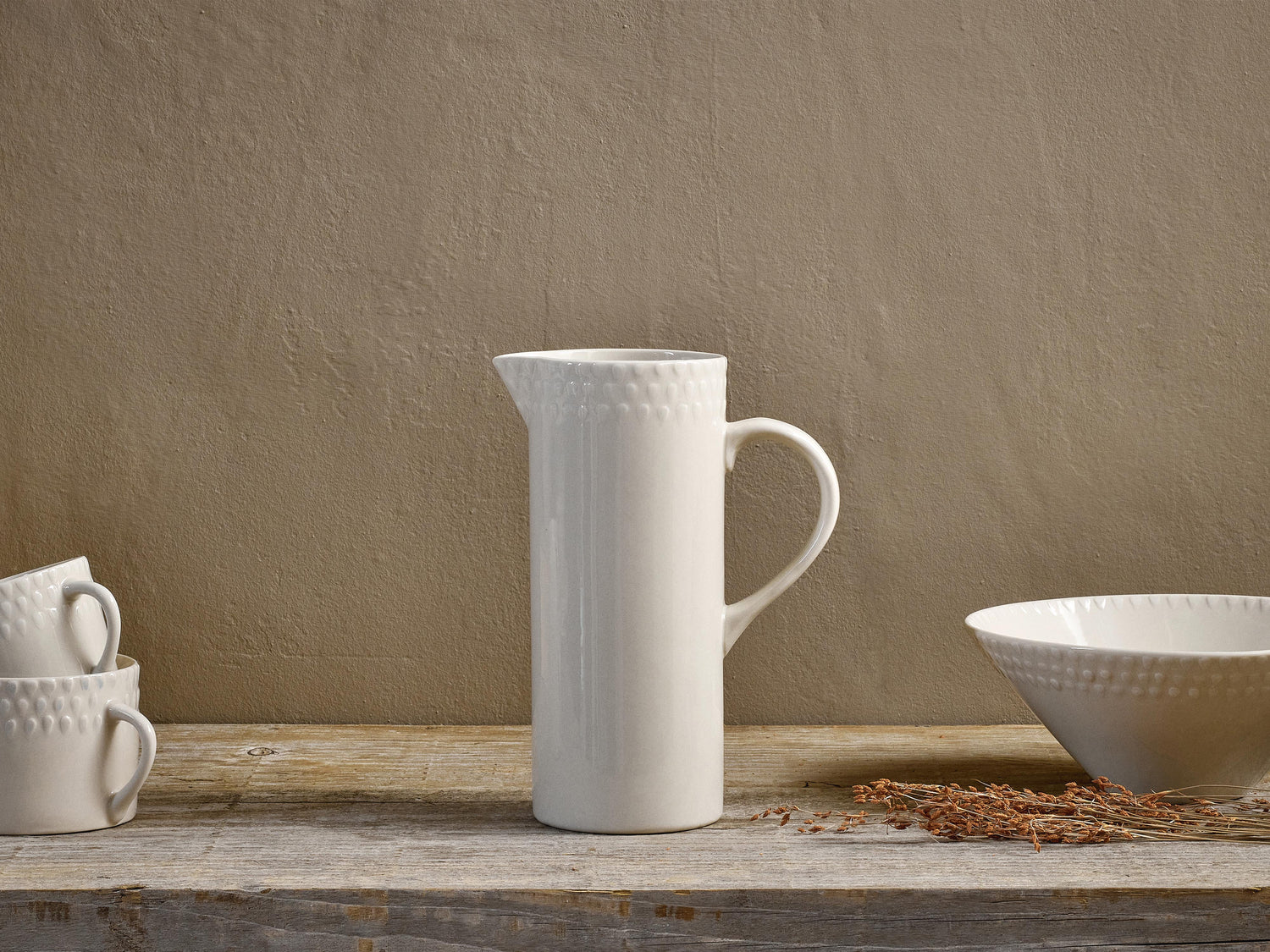 Ela Cream Embossed Ceramic Jug