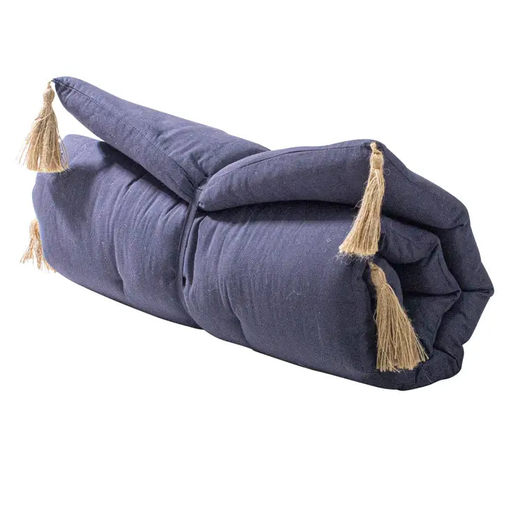 Panama Folding Futon with Jute Pompoms - 60 x 120cm - Navy