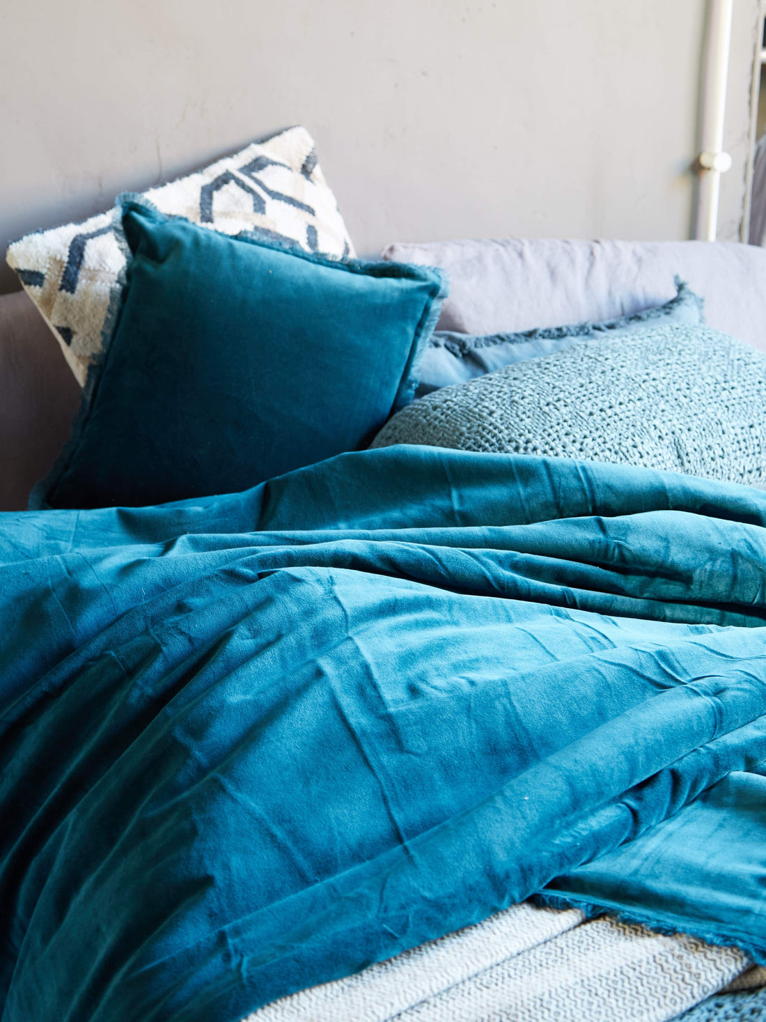 Fara Velvet Fringed Bedspread in Deep Teal