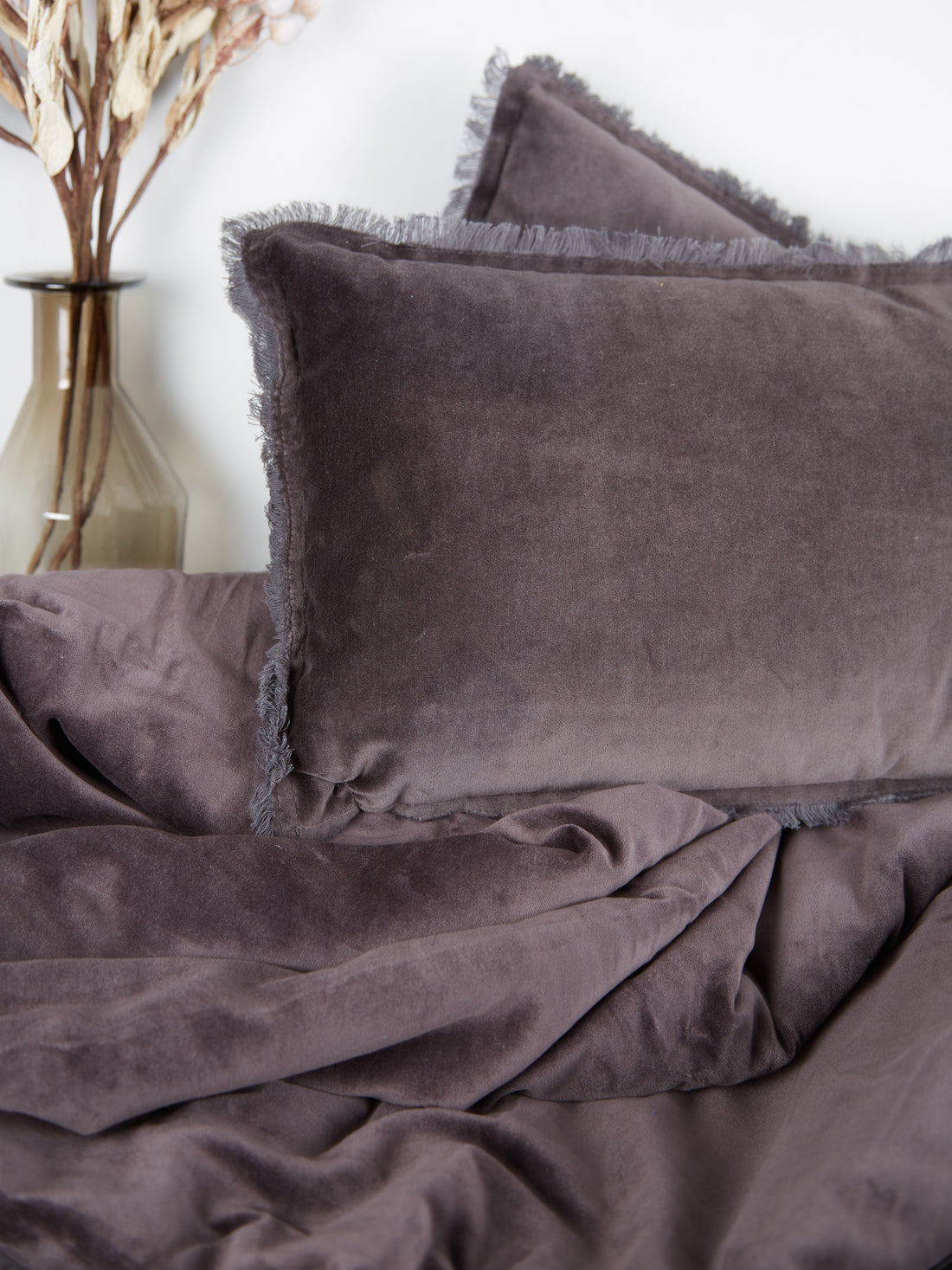 Fara Velvet Fringed Throw in Charcoal Grey